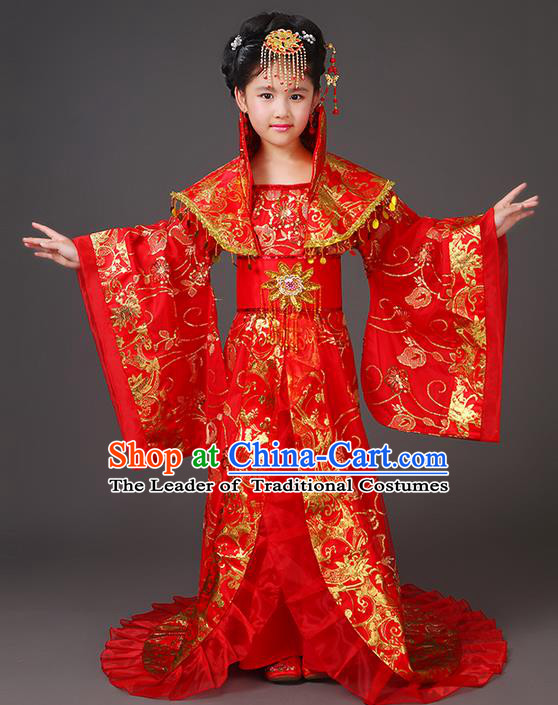 Traditional Ancient Chinese Imperial Emperess Costume, Chinese Wedding Dress, Cosplay Chinese Peri Imperial Princess Tailing Clothing Hanfu for Kids