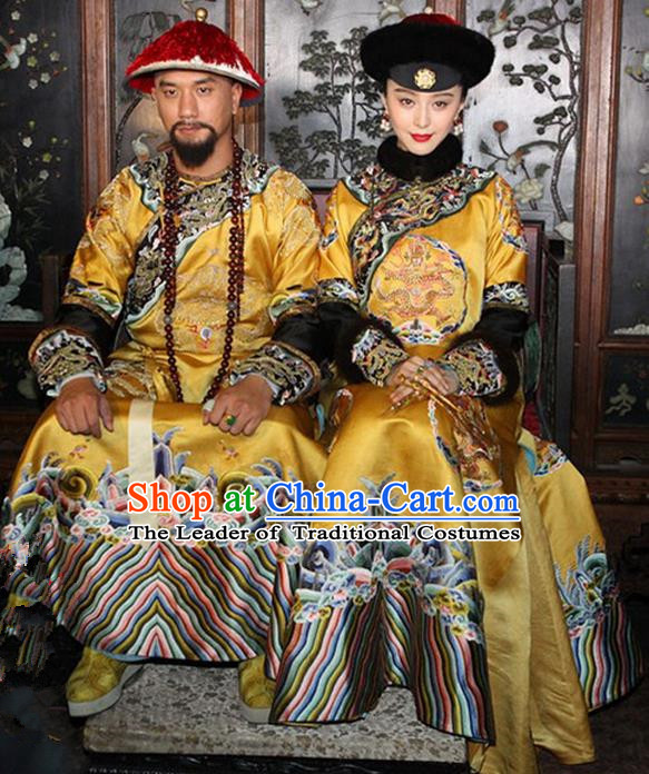 Traditional Ancient Chinese Imperial Emperess and Emperor Costume Complete Set, Chinese Qing Dynasty Manchu Wedding Dress, Cosplay Chinese Imperial Embroidered Clothing for Women for Men