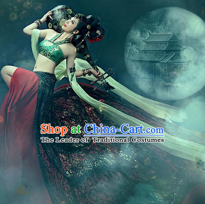 Traditional Ancient Chinese Dunhuang Flying Fairy Costume, Chinese Han Dynasty Dance Ribbon Dress, Cosplay Chinese Peri Imperial Empress Tailing Black Embroidered Clothing for Women
