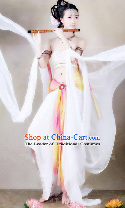 Traditional Ancient Chinese Dunhuang Flying Fairy Costume, Chinese Tang Dynasty Dance Ribbon Dress, Cosplay Chinese Peri Imperial Empress Tailing Black Embroidered Clothing for Women