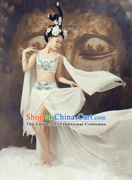 Traditional Ancient Chinese Dunhuang Flying Fairy Costume, Chinese Tang Dynasty Dance Ribbon Dress, Cosplay Chinese Peri Imperial Empress Tailing Black Embroidered Clothing for Women