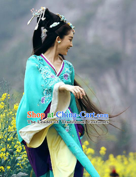Traditional Ancient Chinese Imperial Emperess Costume, Chinese Han Dynasty Young Lady Dress, Cosplay Chinese Princess Embroidered Clothing Blue Hanfu Costume for Women