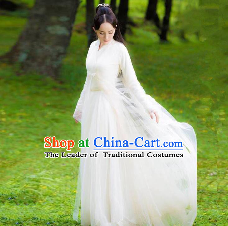 Traditional Ancient Chinese Imperial Emperess Costume, Chinese Han Dynasty Dance Dress, Cosplay Chinese Teleplay Ten great III of peach blossom Role Bai qian Peri Imperial Princess White Hanfu Clothing for Women