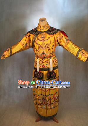 Traditional Ancient Chinese Imperial Emperor Costume, Chinese Qing Dynasty Manchu Dress, Cosplay Chinese Manchu Minority Majesty Embroidered Dragon Clothing for Men