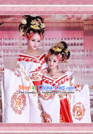Traditional Ancient Chinese Imperial Emperess Mother and Daughter Outfit Costume Complete Set, Chinese Tang Dynasty Parent-Child Woman Dress, Cosplay Chinese Family Portrait Clothing Hanfu for Women for Children