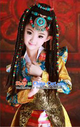 Traditional Chinese Zang Nationality Dancing Costume, Tibetan Children Folk Dance Skirt, Chinese Tibetan Minority Nationality Costume for Kids