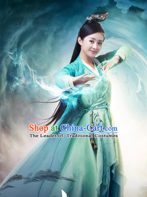 Traditional Ancient Chinese Swordswoman Costume, Chinese Han Dynasty Fairy Dress, Cosplay Game Character Chinese Peri Princess Green Clothing for Women