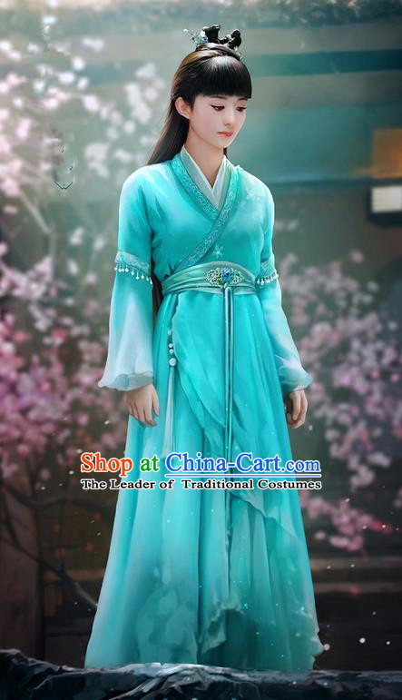 Traditional Ancient Chinese Swordswoman Costume, Chinese Han Dynasty Fairy Dress, Cosplay Game Character Chinese Peri Princess Blue Clothing for Women