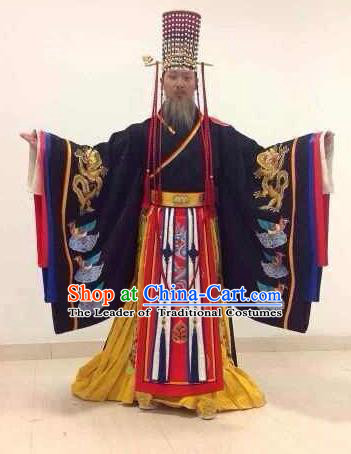 Traditional Ancient Chinese Imperial Emperor Costume, Chinese Qin Dynasty Qin Shi Huang Dress, Cosplay Chinese Majesty Qin Shi Huang Embroidered Clothing Hanfu Complete Set for Men