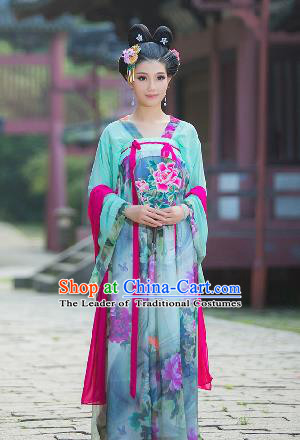 Traditional Ancient Chinese Imperial Emperess Costume, Chinese Tang Dynasty Palace Lady Dress, Cosplay Chinese Princess Peony Printing Clothing for Women