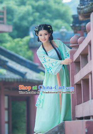 Traditional Ancient Chinese Imperial Emperess Costume, Chinese Tang Dynasty Palace Lady Dress, Cosplay Chinese Princess Printing Flowers Green Ru Skirt Clothing for Women