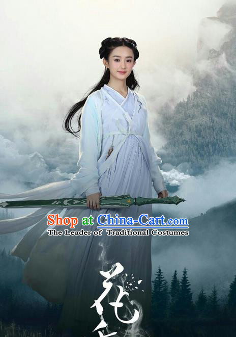 Traditional Ancient Chinese Swordswoman Costume, Chinese Han Dynasty Fairy Elegant Dress, Cosplay Game Character Chinese Peri Princess White Clothing for Women