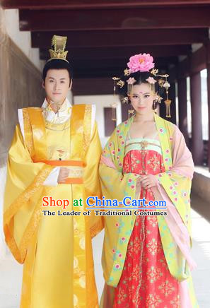 Traditional Ancient Chinese Imperial Emperess and Emperor Costume Complete Set, Chinese Tang Dynasty Emperess Wedding Dress, Chinese Emperess Emperor Embroidered Phoenix and Dragon Trailing Clothing for Women for Men