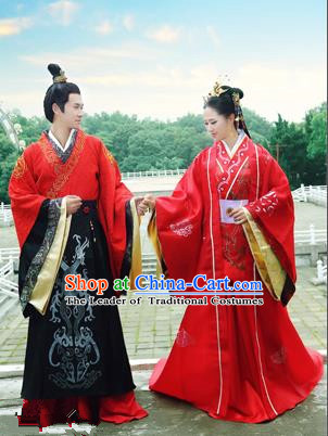 Traditional Ancient Chinese Imperial Emperess and Emperor Costume Complete Set, Chinese Han Dynasty Emperess Wedding Red Dress, Chinese Emperess Emperor Embroidered Phoenix and Dragon Trailing Clothing for Women for Men