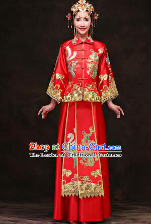 Traditional Ancient Chinese Costume Xiuhe Suits, Chinese Style Wedding Red Dress, Ancient Women Longfeng Dragon And Phoenix Flown Bride Toast Cheongsam for Women