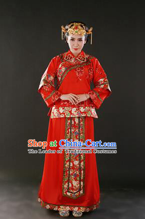 Traditional Ancient Chinese Costume Xiuhe Suits, Chinese Style Wedding Red Dress, Embroidered Dragon and Phoenix Flown Bride Toast Cheongsam for Women