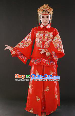 Traditional Ancient Chinese Costume Xiu he Suits, Chinese Style Wedding Red Dress, Embroidered Dragon and Phoenix Flown Bride Toast Cheongsam for Women