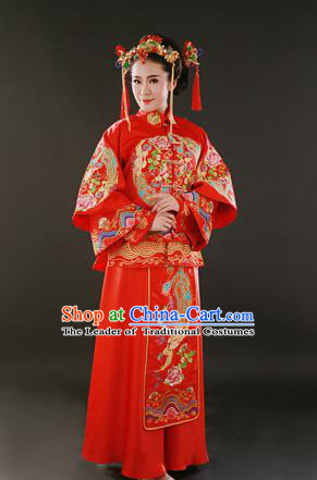 Traditional Ancient Chinese Costume Xiu he Suits, Chinese Style Wedding Red Dress, Embroidered Dragon and Phoenix Flown Bride Cheongsam for Women