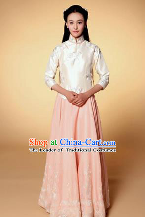 Traditional Ancient Chinese Costume, Chinese Late Qing Dynasty Young Lady Dress Beige Blouse, Republic of China Embroidered Clothing for Women