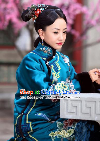 Traditional Ancient Chinese Imperial Concubine Costume, Chinese Qing Dynasty Manchu Lady Dress, Cosplay Chinese Manchu Minority Princess Peacock Blue Embroidered Clothing for Women