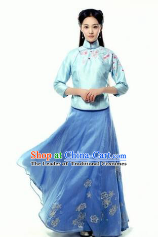 Traditional Ancient Chinese Costume Cheongsam Blouse, Chinese Late Qing Dynasty Female Student Dress, Republic of China Embroidered Blue Clothing for Women