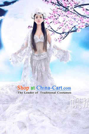 Traditional Ancient Chinese Flying Imperial Consort Costume, Chinese Tang Dynasty Flying Lady Dress, Cosplay Chinese Fairy Imperial Concubine White Clothing Hanfu for Women