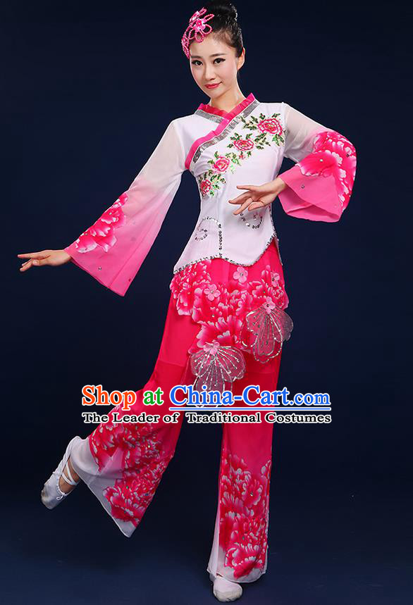 Traditional Chinese Yangge Fan Dancing Costume, Folk Dance Yangko Mandarin Sleeve Peony Painting Blouse and Pants Uniforms, Classic Umbrella Dance Elegant Dress Drum Dance Pink Clothing for Women