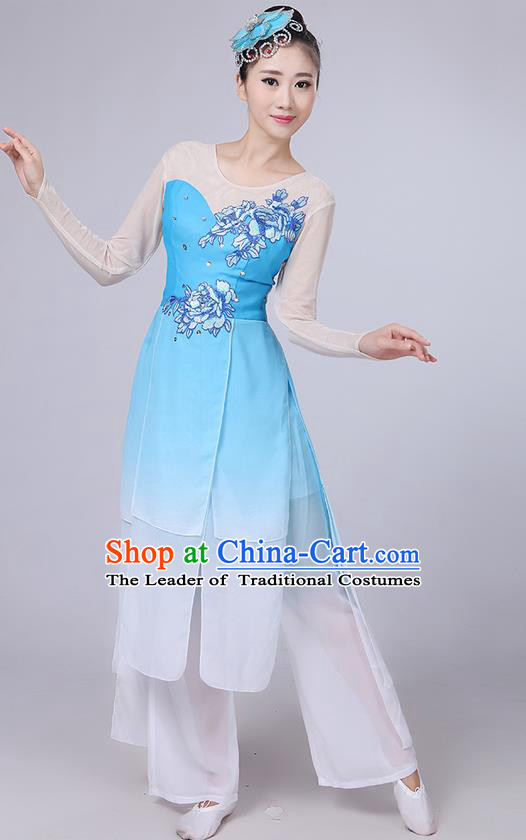 Traditional Chinese Yangge Fan Dancing Costume, Folk Dance Yangko Uniforms, Classic Umbrella Dance Elegant Dress Drum Dance Peony Blue Clothing for Women
