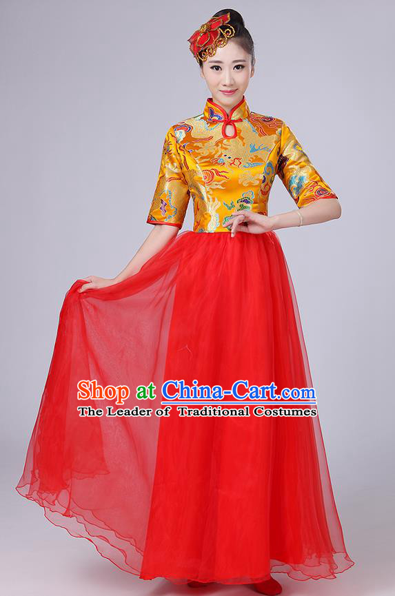 Traditional Chinese Style Modern Dancing Compere Costume, Women Opening Classic Chorus Singing Group Dance Satin Dragon Uniforms, Modern Dance Classic Dance Gold Cheongsam Dress for Women