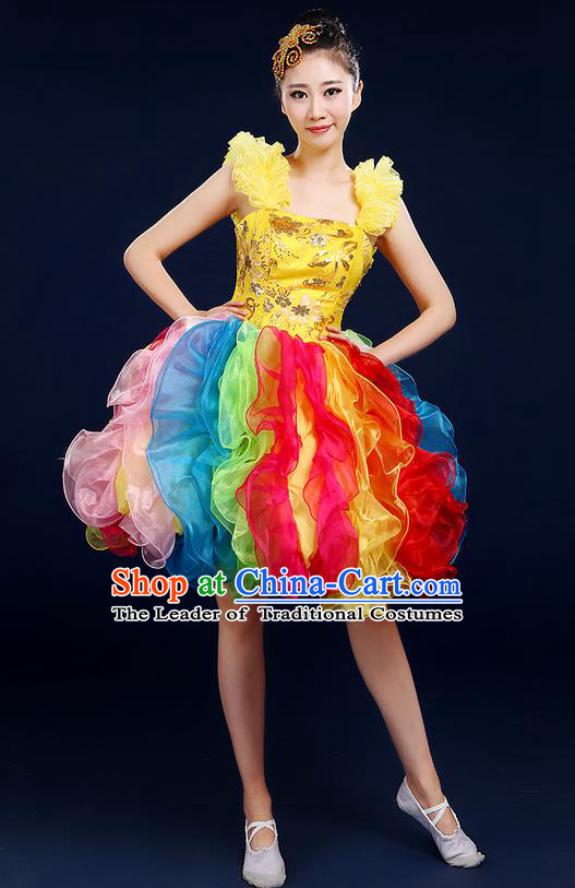 Traditional Chinese Modern Dancing Compere Costume, Women Opening Classic Chorus Singing Group Dance Flowers Bubble Uniforms, Modern Dance Classic Dance Short Dress for Women