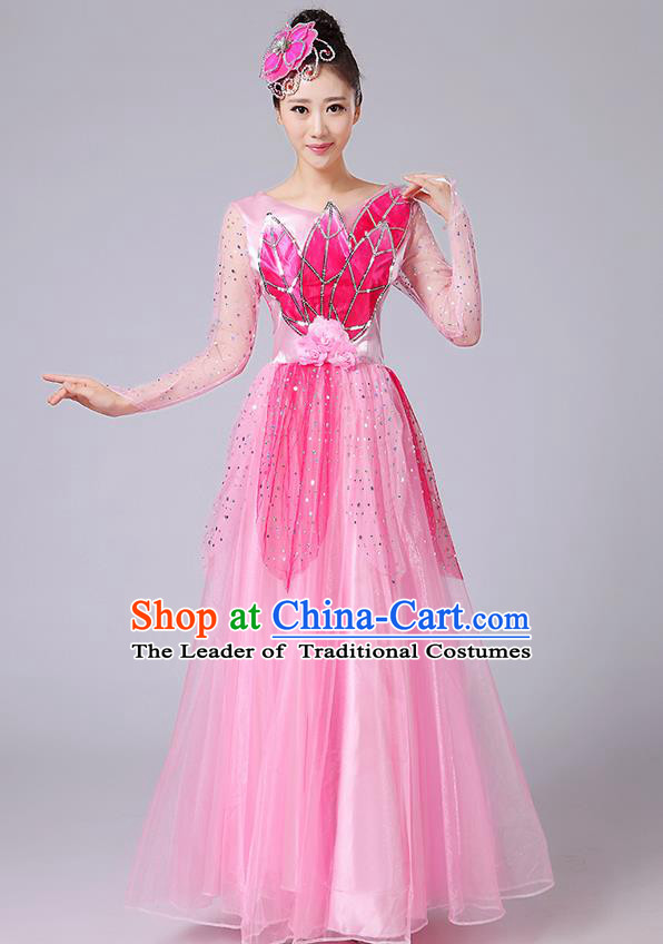 Traditional Chinese Style Modern Dancing Compere Costume, Women Opening Classic Chorus Singing Group Dance Uniforms, Modern Dance Classic Dance Pink Long Big Swing Dress for Women