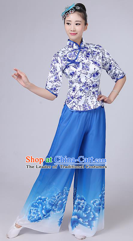 Traditional Chinese Yangge Fan Dancing Costume, Folk Dance Yangko Mandarin Collar Peony Painting Blouse and Pants Uniforms, Classic Dance Elegant Dress Drum Dance Pink Clothing for Women