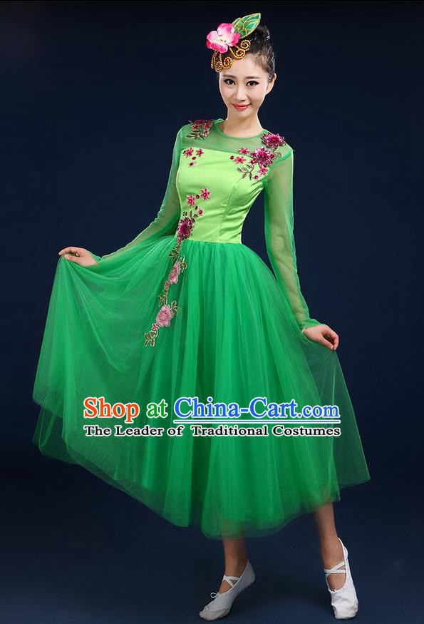 Traditional Chinese Modern Dancing Compere Costume, Women Opening Classic Dance Chorus Singing Group Bubble Uniforms, Modern Dance Classic Dance Big Swing Green Middle Dress for Women