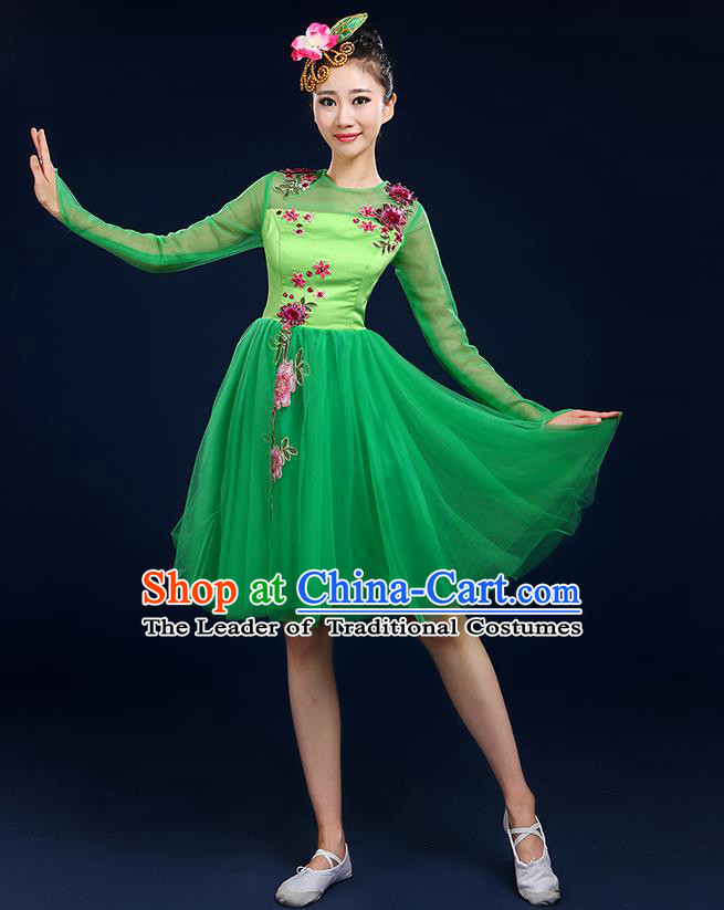 Traditional Chinese Modern Dancing Compere Costume, Women Opening Classic Dance Chorus Singing Group Bubble Uniforms, Modern Dance Classic Dance Big Swing Green Short Dress for Women