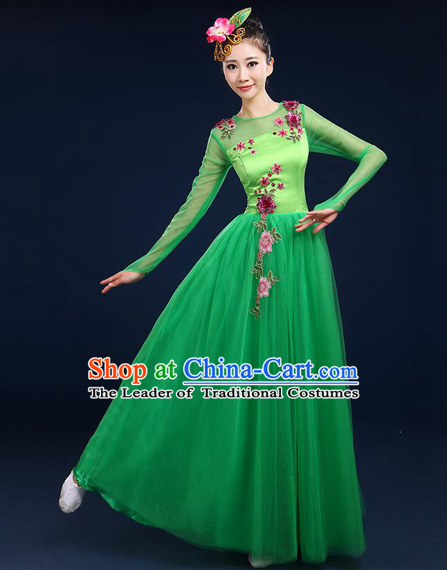 Traditional Chinese Modern Dancing Compere Costume, Women Opening Classic Dance Chorus Singing Group Bubble Uniforms, Modern Dance Classic Dance Big Swing Green Long Dress for Women