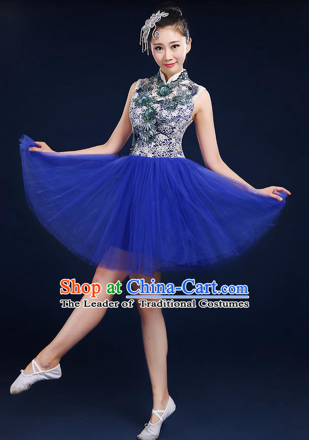 Traditional Chinese Modern Dancing Compere Costume, Women Opening Classic Dance Chorus Singing Group Bubble Uniforms, Modern Dance Classic Dance Big Swing Blue Short Dress for Women