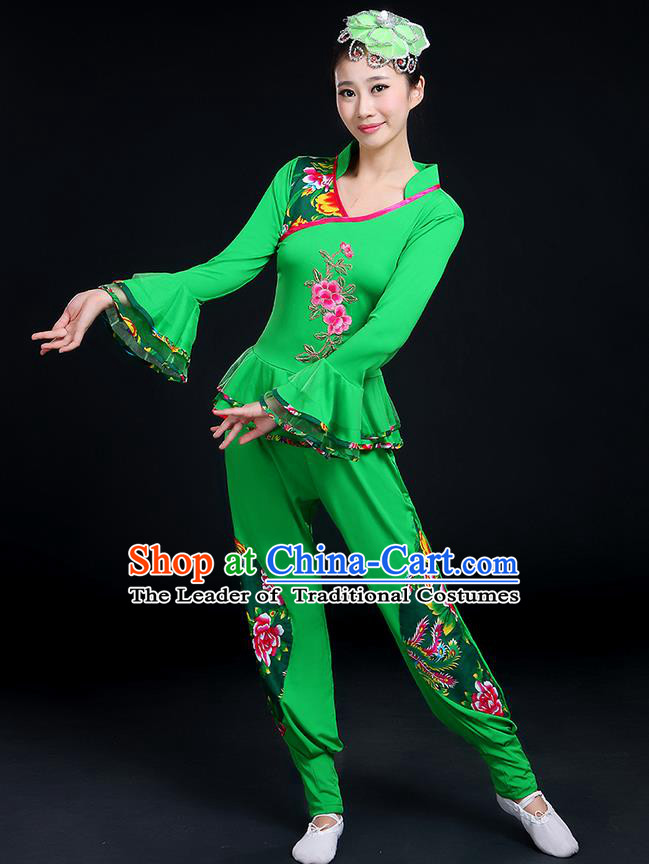 Traditional Chinese Yangge Fan Dancing Costume, Folk Dance Yangko Mandarin Sleeve Embroidery Peony Blouse and Pants Uniforms, Classic Dance Elegant Dress Drum Dance Green Clothing for Women