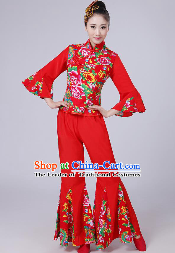 Traditional Chinese Yangge Fan Dancing Costume, Folk Dance Yangko Mandarin Sleeve Phoenix Peony Blouse and Pants Uniforms, Classic Dance Elegant Dress Drum Dance Red Clothing for Women