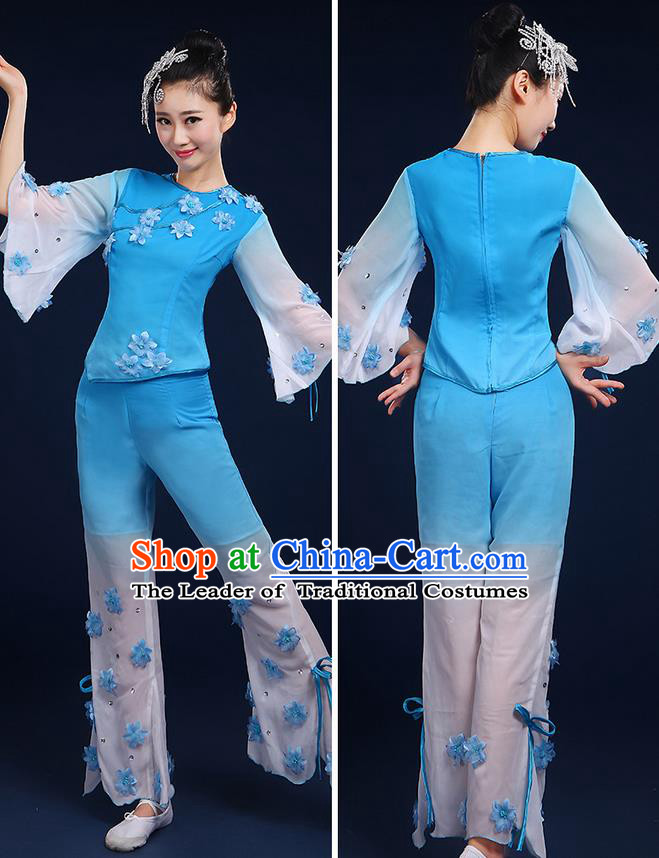 Traditional Chinese Yangge Fan Dancing Costume, Folk Dance Yangko Mandarin Sleeve Jasmine Flower Blouse and Pants Uniforms, Classic Dance Elegant Dress Drum Dance Blue Clothing for Women