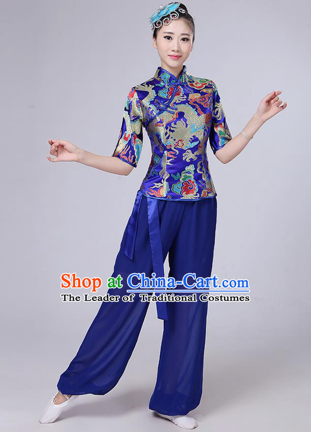 Traditional Chinese Yangge Fan Dancing Costume, Folk Dance Yangko Mandarin Collar Embroidered Dragon Blouse and Pants Uniforms, Classic Dance Elegant Dress Drum Dance Blue Clothing for Women
