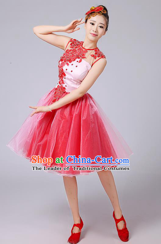 Traditional Chinese Modern Dancing Compere Costume, Women Opening Classic Dance Chorus Singing Group Embroidered Bubble Uniforms, Modern Dance Classic Dance Big Swing Purple Short Dress for Women