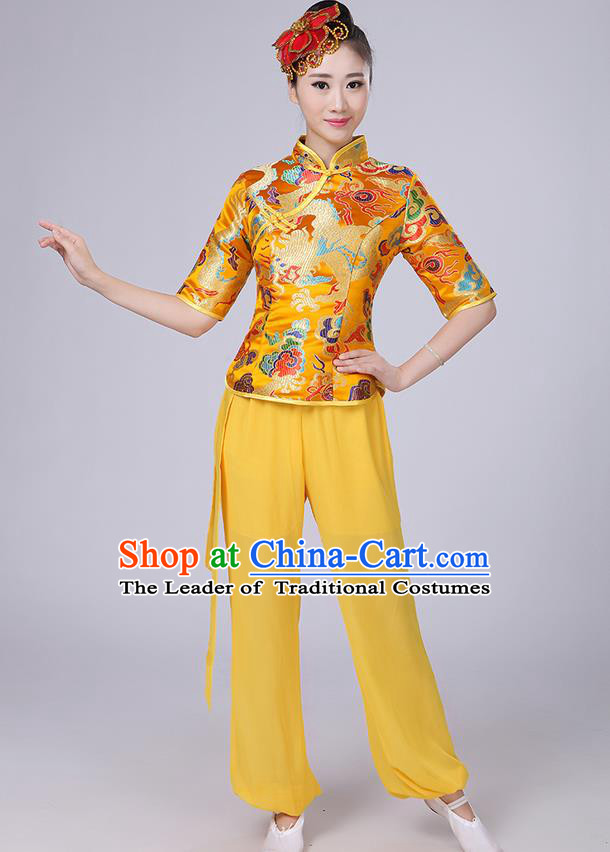 Traditional Chinese Yangge Fan Dancing Costume, Folk Dance Yangko Mandarin Collar Satin Dragon Blouse and Pants Uniforms, Classic Dance Elegant Dress Drum Dance Gold Clothing for Women