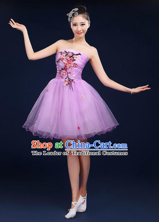 Traditional Chinese Modern Dancing Compere Costume, Women Opening Classic Dance Chorus Singing Group Embroidered Plum Blossom Bubble Uniforms, Modern Dance Classic Dance Big Swing Purple Short Dress for Women