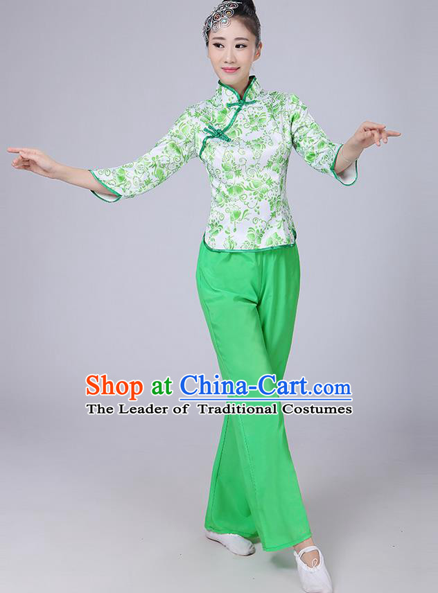 Traditional Chinese Yangge Fan Dancing Costume, Folk Dance Yangko Mandarin Collar Blue and White Porcelain Blouse and Pants Uniforms, Classic Dance Elegant Dress Drum Dance Green Clothing for Women