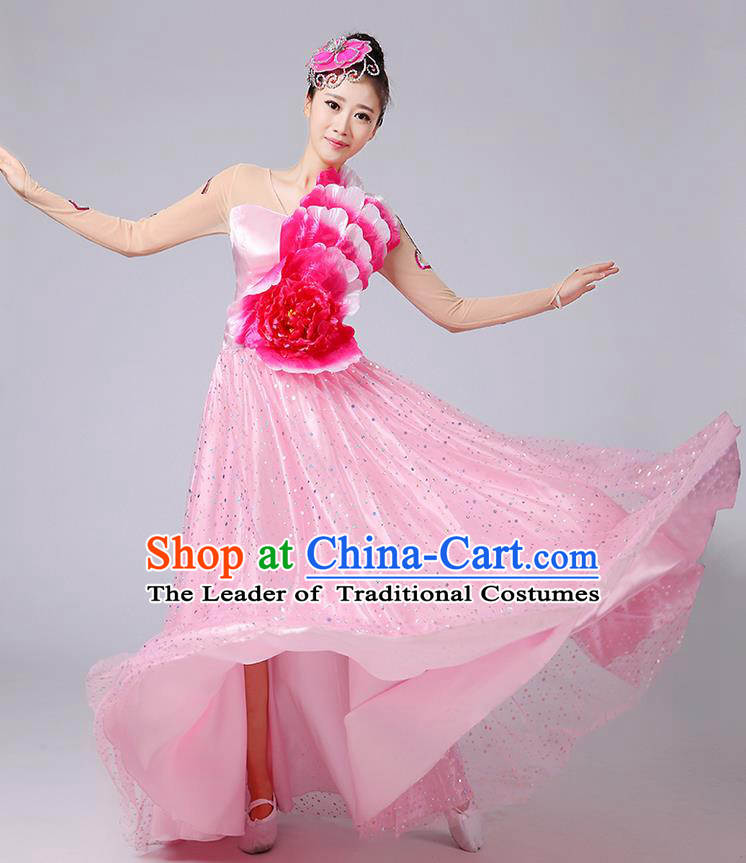 Traditional Chinese Modern Dancing Compere Costume, Women Opening Classic Dance Chorus Singing Group Bubble Peony Uniforms, Modern Dance Classic Dance Big Swing Pink Long Dress for Women