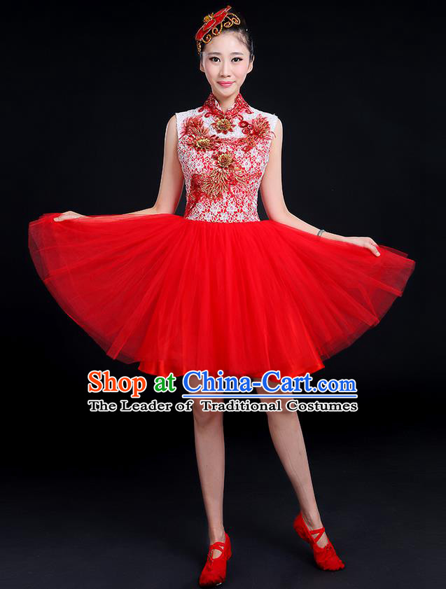 Traditional Chinese Modern Dancing Compere Costume, Women Opening Classic Dance Chorus Singing Group Bubble Gilding Uniforms, Modern Dance Classic Dance Big Swing Red Short Dress for Women