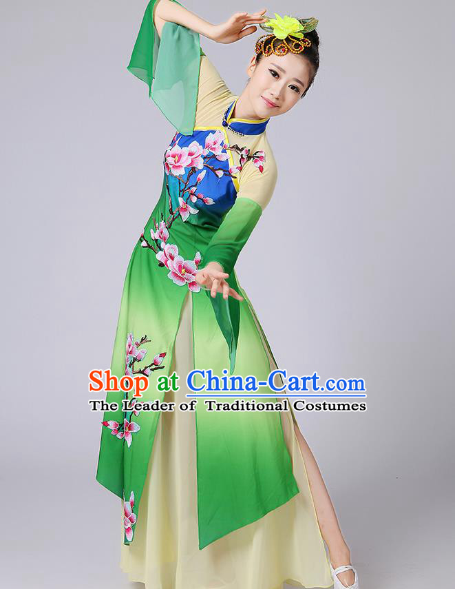 Traditional Chinese Yangge Fan Dancing Costume, Folk Dance Yangko Mandarin Sleeve Embroidered Peach Blossom Uniforms, Classic Dance Elegant Dress Drum Dance Green Clothing for Women