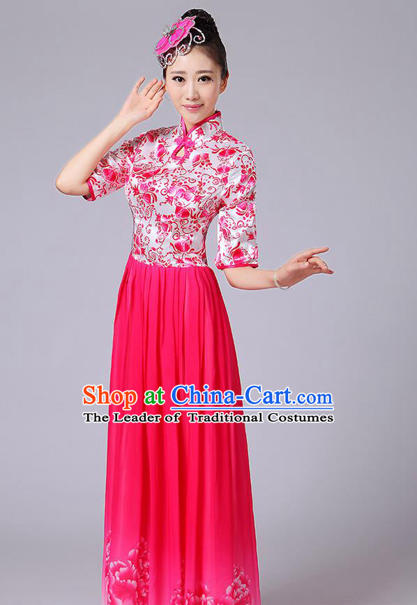 Traditional Chinese Style Modern Dancing Compere Costume, Women Opening Classic Chorus Singing Group Dance Mandarin Collar Peony Uniforms, Modern Dance Classic Dance Pink Cheongsam Dress for Women