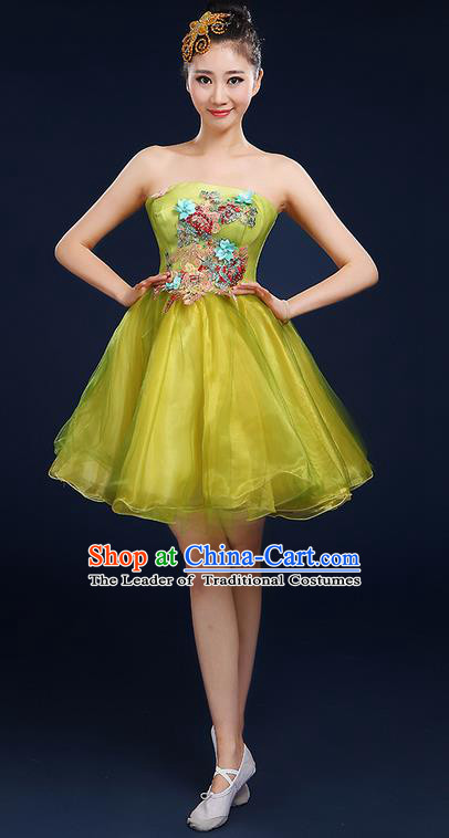 Traditional Chinese Modern Dancing Compere Costume, Women Opening Classic Dance Chorus Singing Group Bubble Tee Dress Uniforms, Modern Dance Classic Dance Big Swing Yellow Short Dress for Women