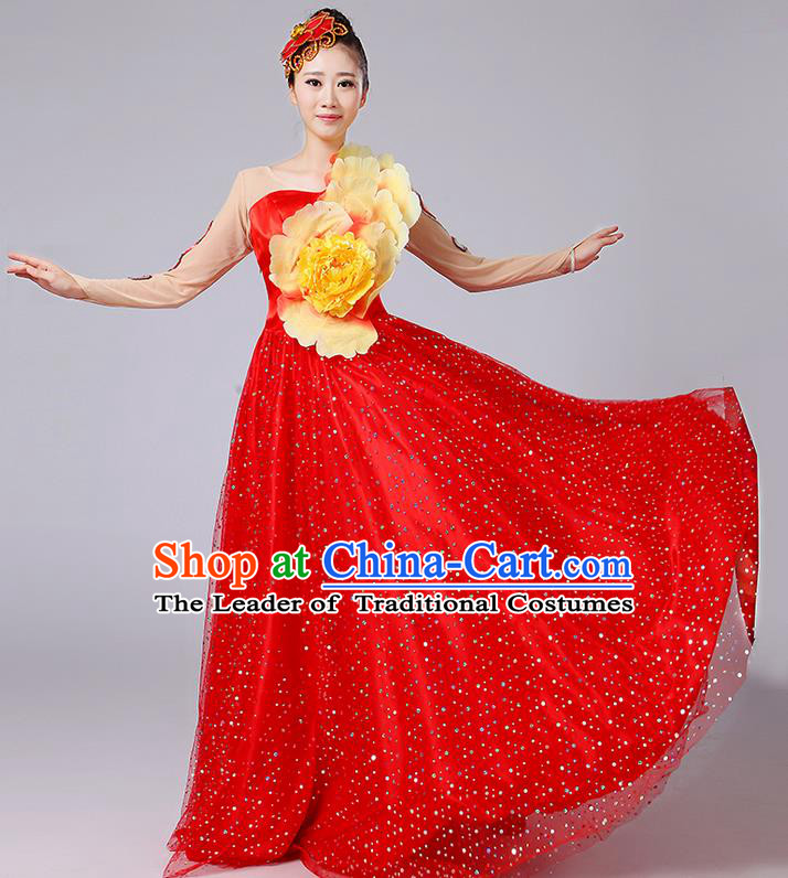 Traditional Chinese Modern Dancing Compere Costume, Women Opening Classic Dance Chorus Singing Group Bubble Peony Uniforms, Modern Dance Classic Dance Big Swing Red Long Dress for Women